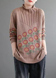 Women Khaki Turtleneck Print Patchwork Knitted Cotton Sweaters Fall