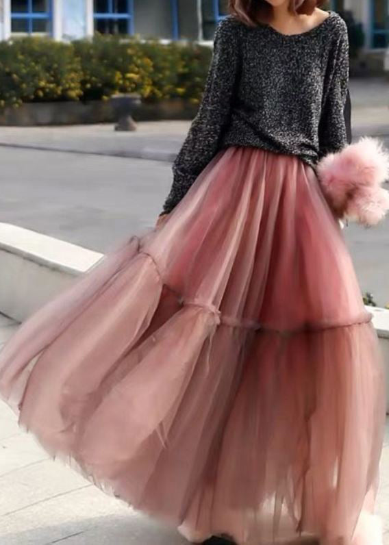 Women Pink Ruffled Tulle Cinched Circle Fall Skirt