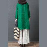 Women green linen outfit Casual Fabrics Chinese Button short side open Dress