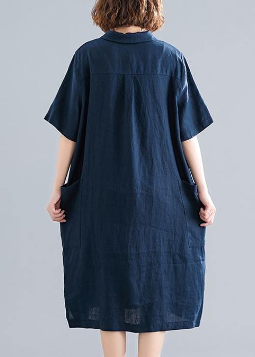 Women navy Cotton quilting clothes lapel pockets Plus Size Dress - SooLinen