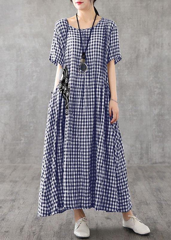 Vivid patchwork linen quilting dresses Runway black plaid Dresses summer - SooLinen
