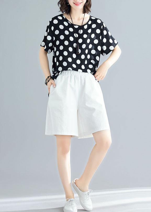 summer blended two pieces black dotted tops and white shorts - SooLinen