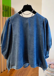 Grace Denim Blue Patchwork Tie Lace Tops Summer