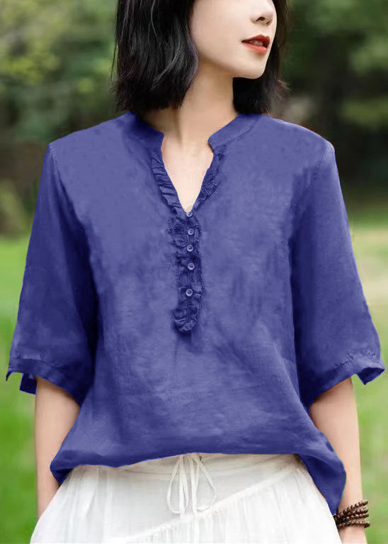 Unique Pure Purple V Neck Embroidered Patchwork Linen T Shirts Half Sleeve