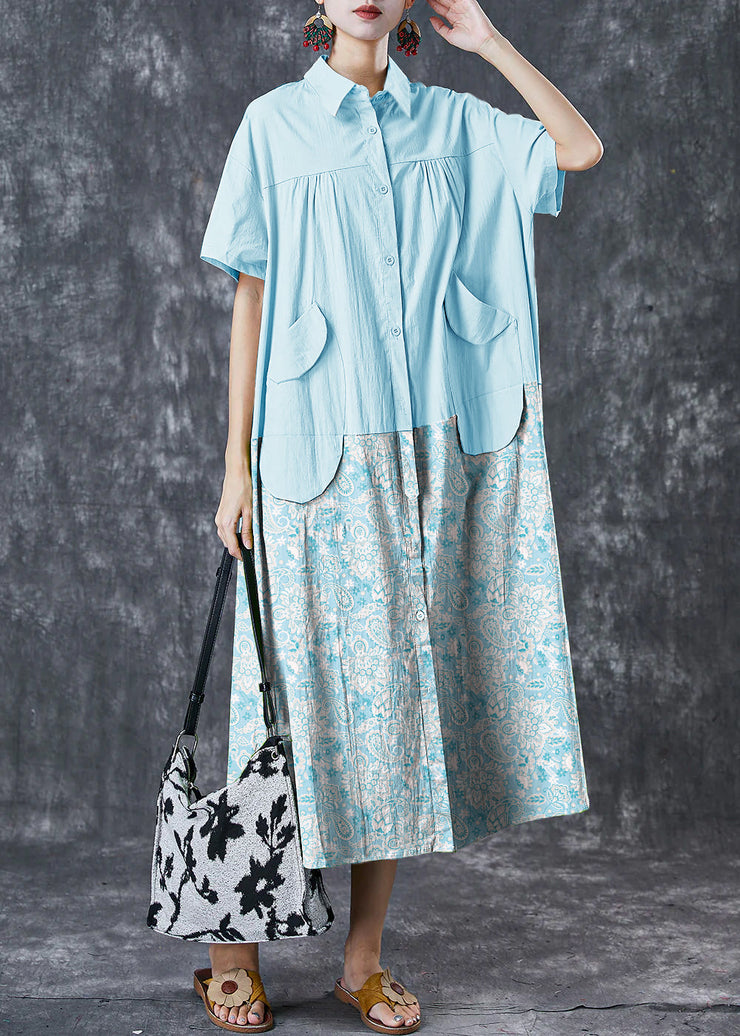 Art Blue Oversized Patchwork Pockets Cotton Shirt Dresses Summer