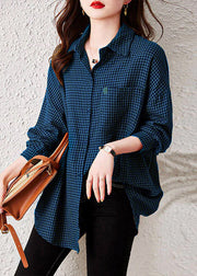 Oversized purple Plaid Peter Pan Collar Pockets Patchwork Cotton Shirts Long Sleeve