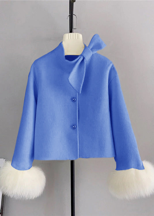 New Yellow Wool Bow Button Fox Hair Cuff Short Coat Winter