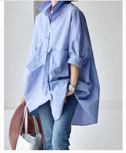 Blue Peter Pan Collar Low High Design Cotton Shirt Long Sleeve