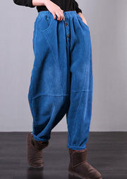 Modern Blue Women Pants Oversize Fall Corduroy Pockets Cotton Casual Pants