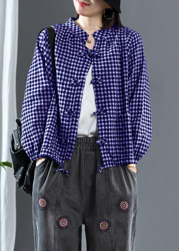 Luxury Purple O-Neck Plaid Fall Long Sleeve Trench