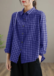 Loose Lapel Patchwork Spring Blouse Sleeve Red Plaid Top