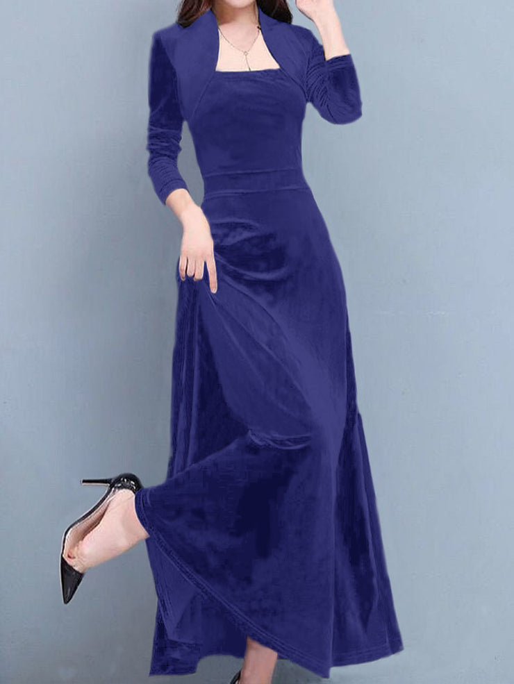 Blue Retro Three-quarter Sleeve Golden Velvet Maxi Dress