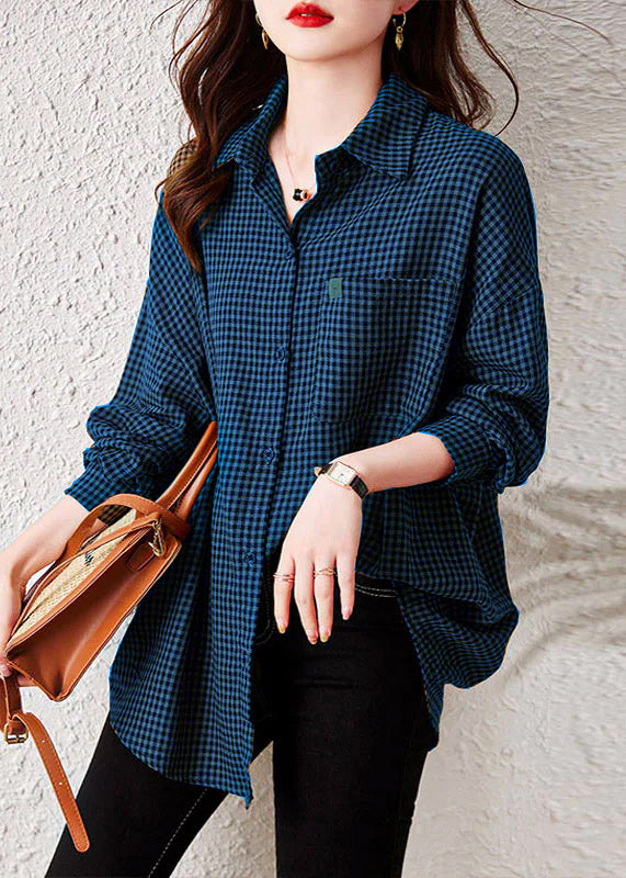 Oversized blue Plaid Peter Pan Collar Pockets Patchwork Cotton Shirts Long Sleeve