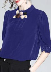 Elegant Blue Stand Collar Floral Silk Velour Top Short Sleeve