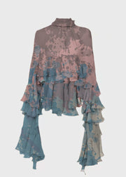 Fashion Blue Stand Collar Ruffled Patchwork Chiffon Shirt Long Sleeve