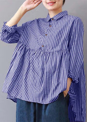 boutique Purple striped linen blouse plus size traveling clothing fine patchwork lapel collar linen blouses