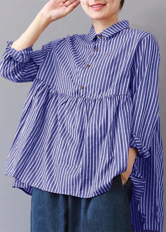 boutique Blue striped linen blouse plus size traveling clothing fine patchwork lapel collar linen blouses