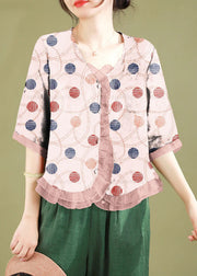 Fashion pink polka dots Ruffled Button Patchwork Linen Blouse Top Summer