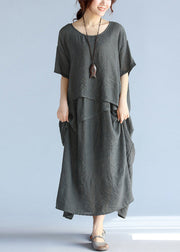 baggy black-floral long linen dresses oversized layered cotton maxi dress vintage short sleeve cotton clothing