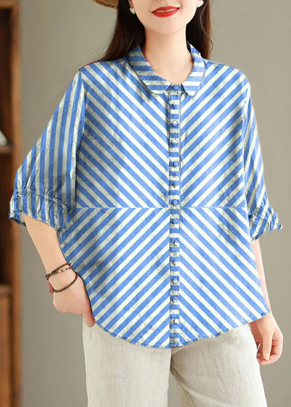 Colorful geometry Button Print Linen Blouses Peter Pan Collar Summer