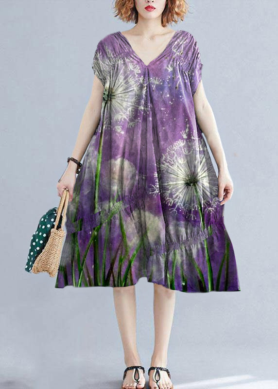 DIY v neck Cinched Cotton clothes Shape purple dandelion Dresses