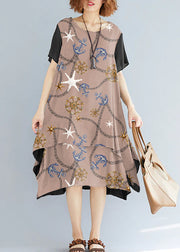 Vivid brown necklace linen-cotton tunics for women plus size Fabrics o neck asymmetric oversized Summer Dress