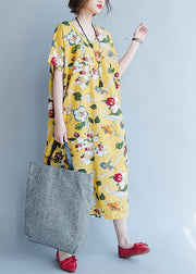 Damen gelbe Midi-Leinenkleider trendy plus Größe Reisekleidung Vintage-Rücken offene Blumen-Baumwollkleider