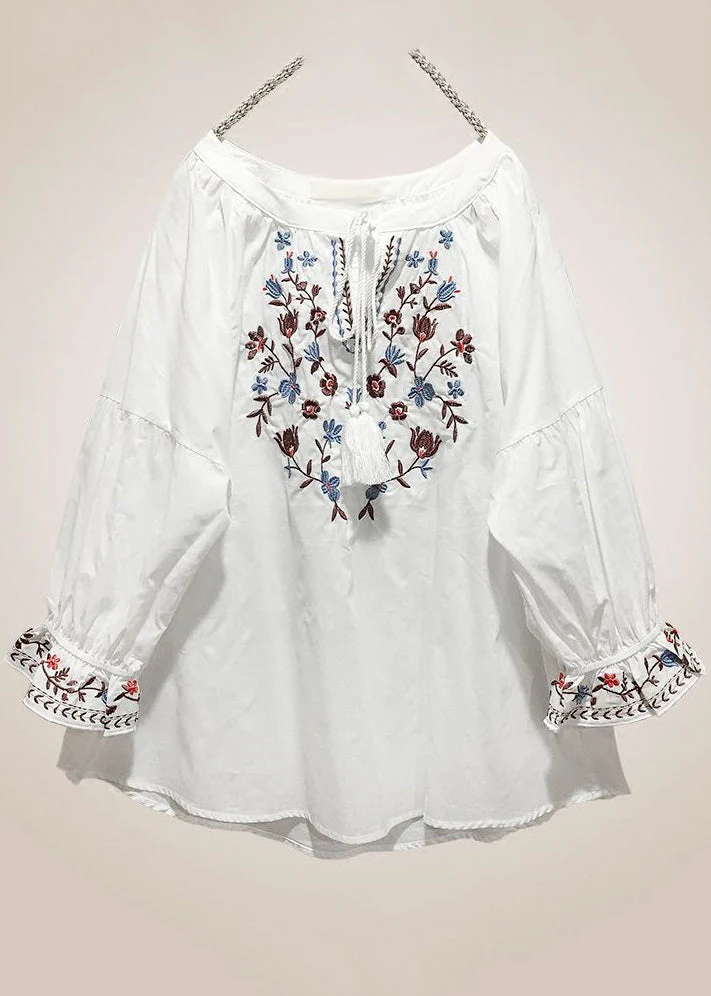 Grace Red Embroidered Lace Up Cotton Shirt Long Sleeve