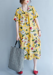 Damen gelbe Midi-Leinenkleider trendy plus Größe Reisekleidung Vintage-Rücken offene Blumen-Baumwollkleider