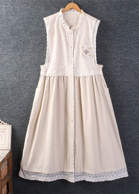 Grace Pink Ruffled Pockets Lace Patchwork Corduroy Dress Sleeveless