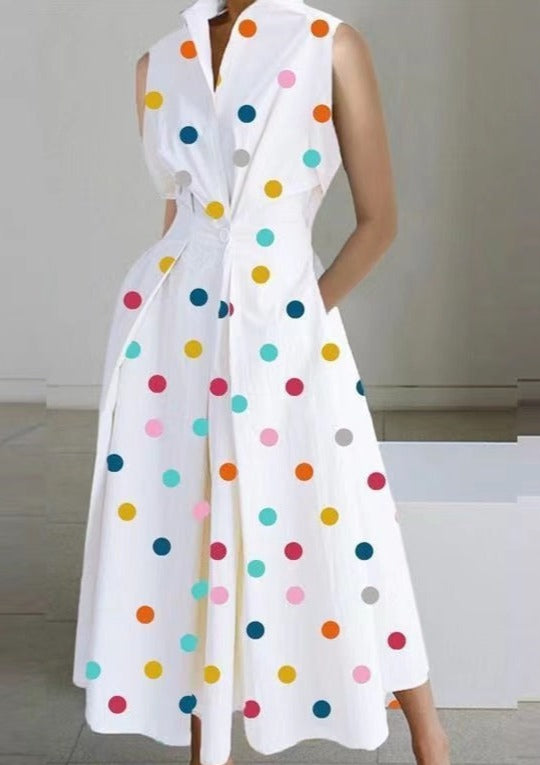 2022 White-big dots Peter Pan Collar Pockets Cotton Dress Long Sleeve