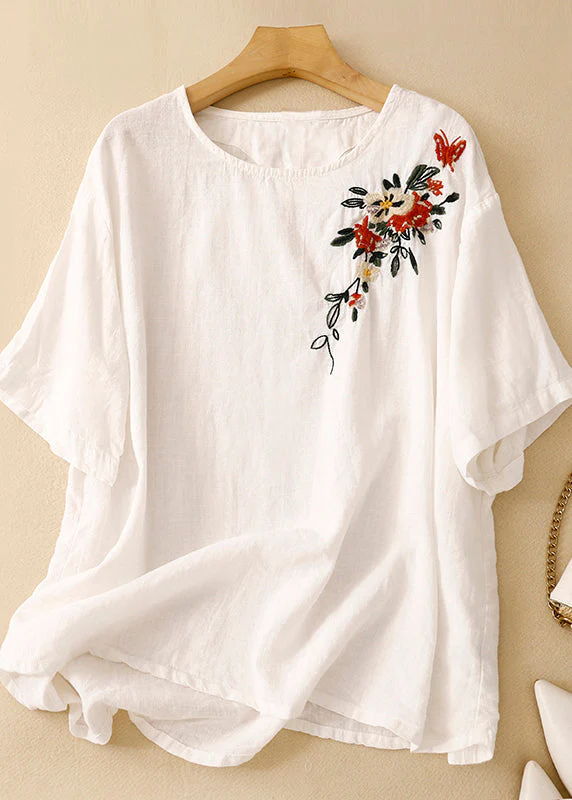 Grace Khaki O Neck Embroidered Linen T Shirts Summer