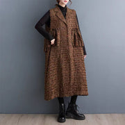 Stylish Brown Peter Pan Collar Pockets Cotton Long Vest Sleeveless