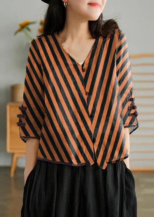 Women Brown stripes Casual Ramie Cardigan Embroidered Shirt
