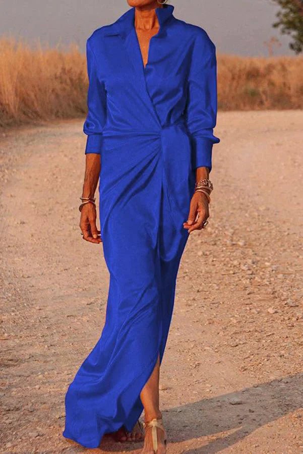 Blue dots Satin Wrap Shirt Maxi Dress