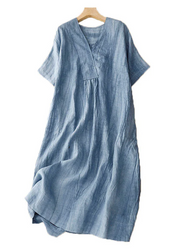 Grace Blue V Neck Wrinkled Patchwork Linen Mid Dress Summer