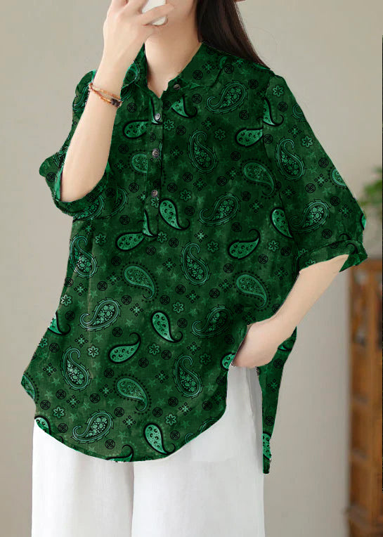Italian Green-cashew Peter Pan Collar Print Patchwork Cotton Blouses Summer