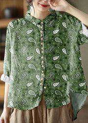 Simple Green-Cashew Peter Pan Collar Print Button Cotton Blouse Tops Long Sleeve