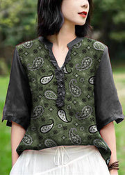 Unique Green Cashew V Neck Embroidered  Linen T Shirts Half Sleeve