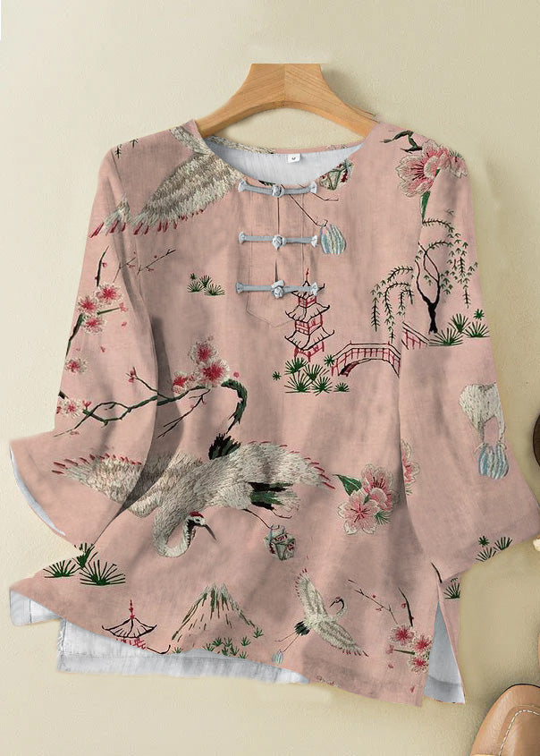 Grace Style Pink Crane O-Neck Print Oriental Button Side Open Linen Shirt Top Bracelet Sleeve