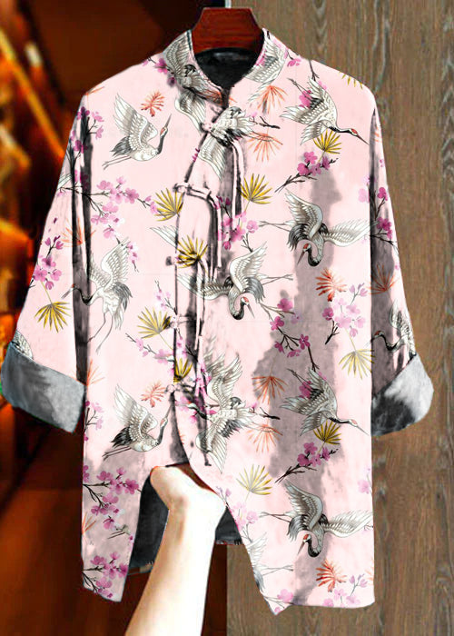 Art pink crane Double-layer Collar Asymmetrical Jacquard Silk Shirt Top Fall