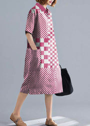Women Pink plaid Cotton quilting clothes lapel pockets Plus Size Dress