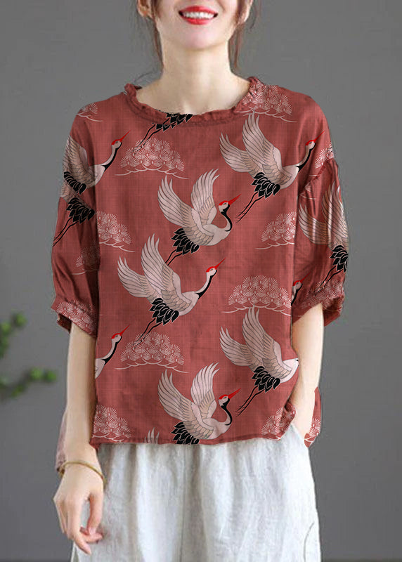 Modern crane pattern Regular Embroidered Summer Floral Half Sleeve