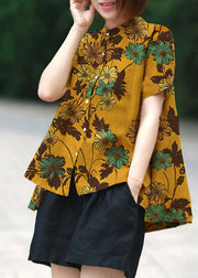 Orange yellow-flower Print Patchwork Linen Top Button Stand Collar Summer