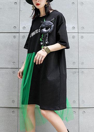 100% black patchwork tulle Cotton tunic dress short sleeve tunic Dresses - SooLinen