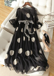 Grace Black O-Neck Tie Waist Dot Print Chiffon Long Dresses Flare Sleeve