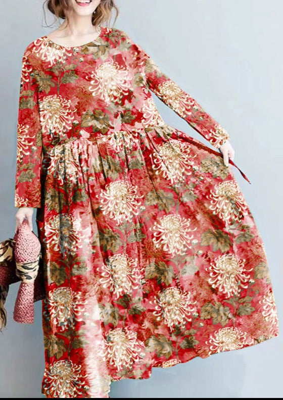 2024 fashion red floral long linen dresses plus size clothing maxi dresses