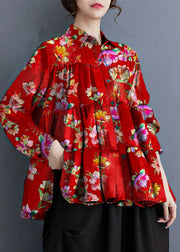 Plus Size Red flowers Peter Pan Collar Dot Wrinkled Cotton Shirts Fall