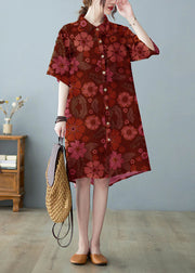 Modern Chocolate Button Stand Collar Floral Print Party Dress Half Sleeve