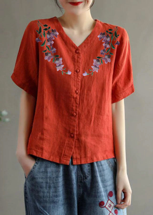 Loose Red-neckline flowers V Neck Embroideried Floral Summer Linen Shirt